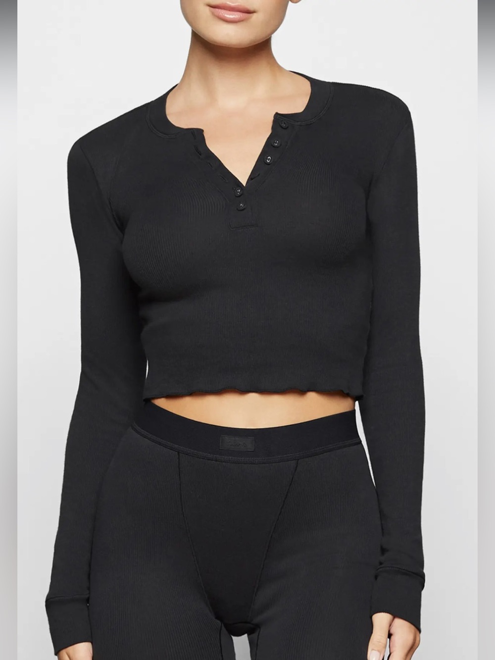 SKIMS Black Ribbed Henley Long-Sleeve Crop Top